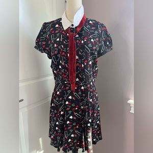 Hell Bunny Large Black Midi Dress with White Collar + Lipstick and Heart Print